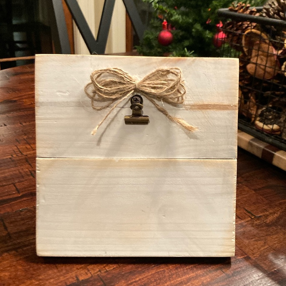 White distressed wooden photo frame, approx 7”x7”.